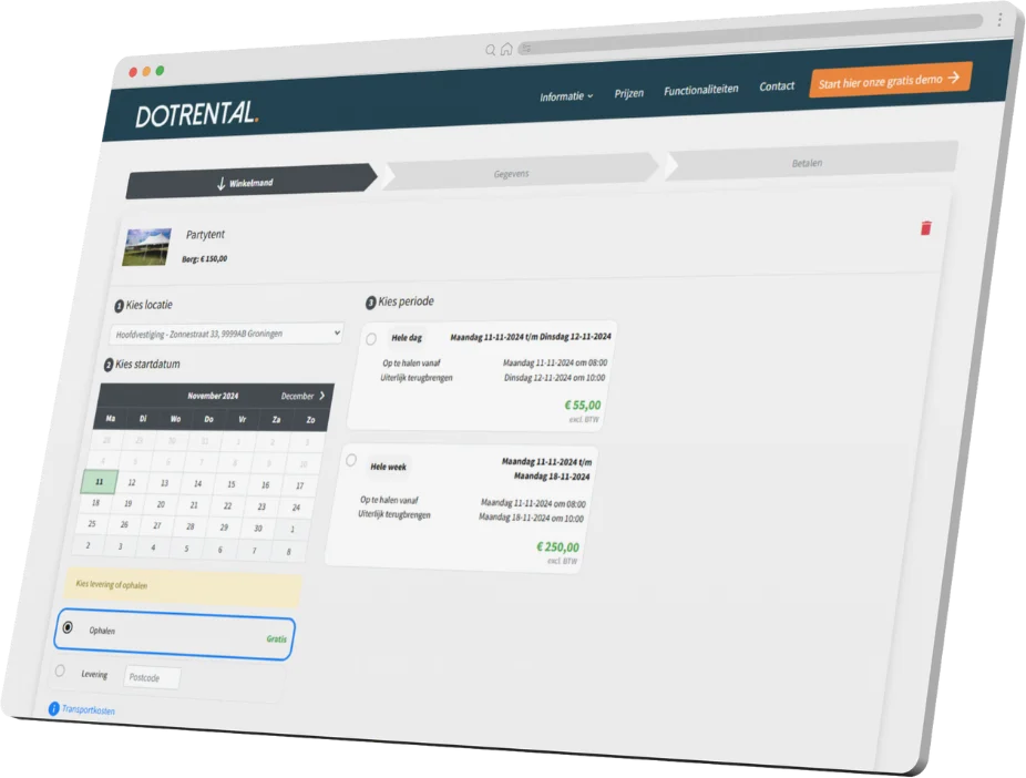 Het DotRental verhuur scherm